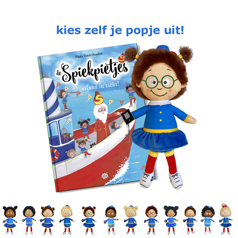 voordeelpakket boek van de spiekpietjes 'eiland in zicht' met een pop naar keuze