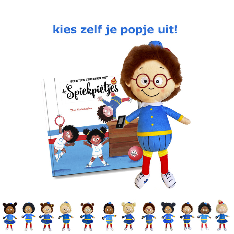 karonboekje van de spiekpietjes met een Spiekpietje. Beentjes strekken met de Spiekpietjes