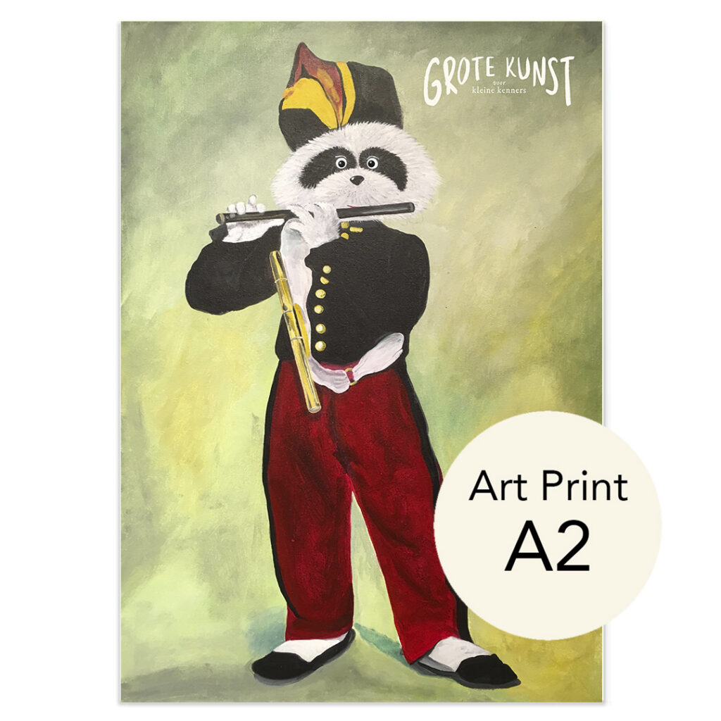 poster meyt afbeelding uit het kunstboek voor kinderen Kunstknallers. Met een fluitende wasbeer als parodie op manet's fluitspeler.