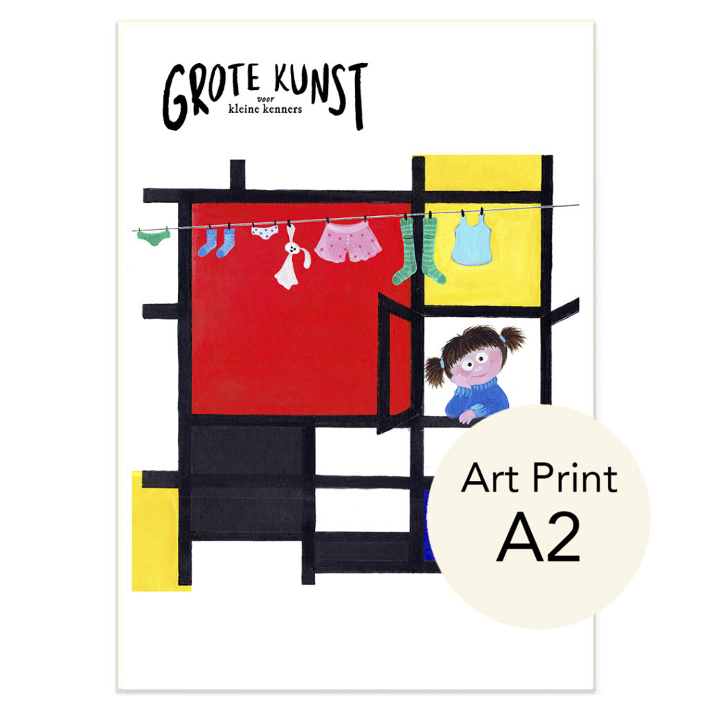 poster met een parodie voor kinderen van mondriaan uit het kunstboek voor kinderen, kunstknallers.