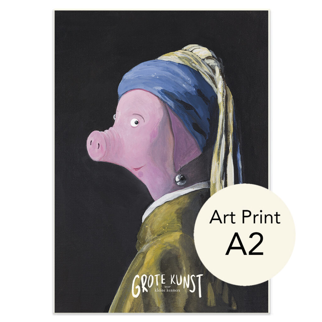 poster van zwijntje met parel oorbel als parodie op vermeer's meisje met de parel uit kunstknallers